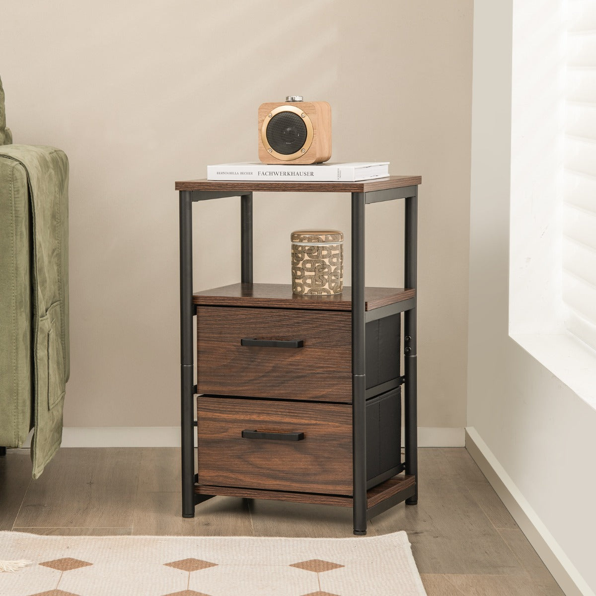 Retro Nightstand Set of 2 Metal Frame Bedside Table-Walnut-Set of 2