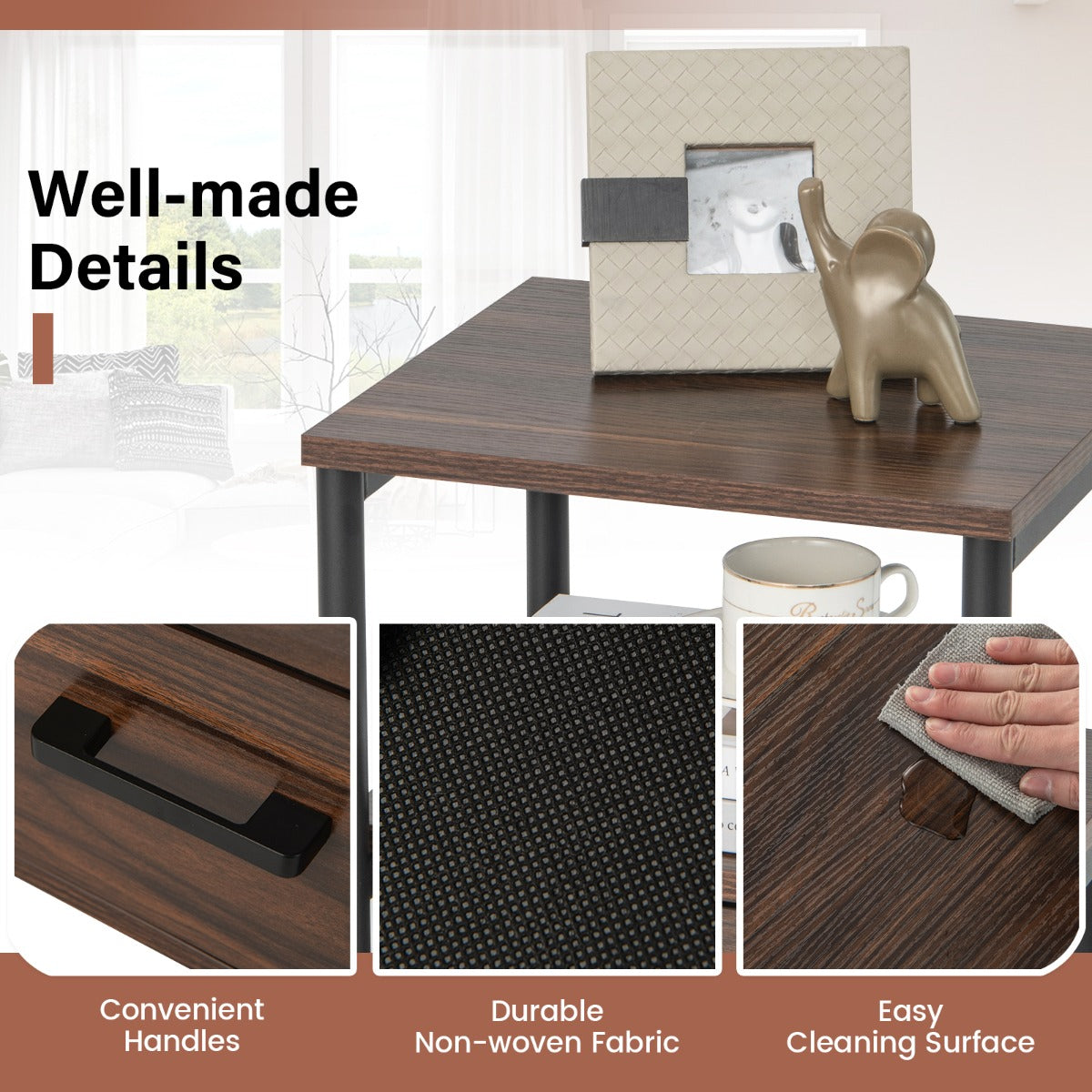 Retro Nightstand Set of 2 Metal Frame Bedside Table-Walnut-Set of 2