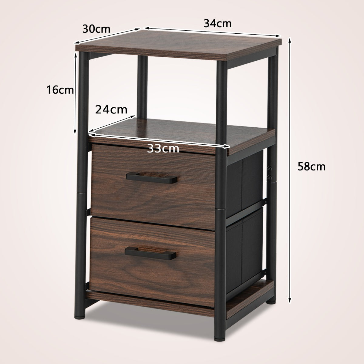 Retro Nightstand Set of 2 Metal Frame Bedside Table-Walnut-Set of 2