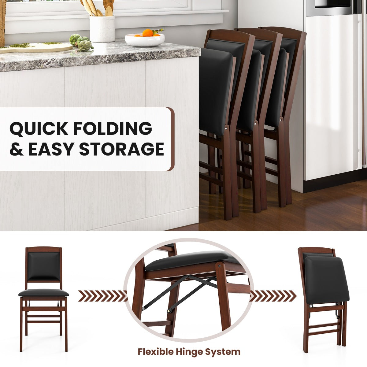 Set of 2 Folding Dining Chairs with Padded Seat and High Backrest-Brown