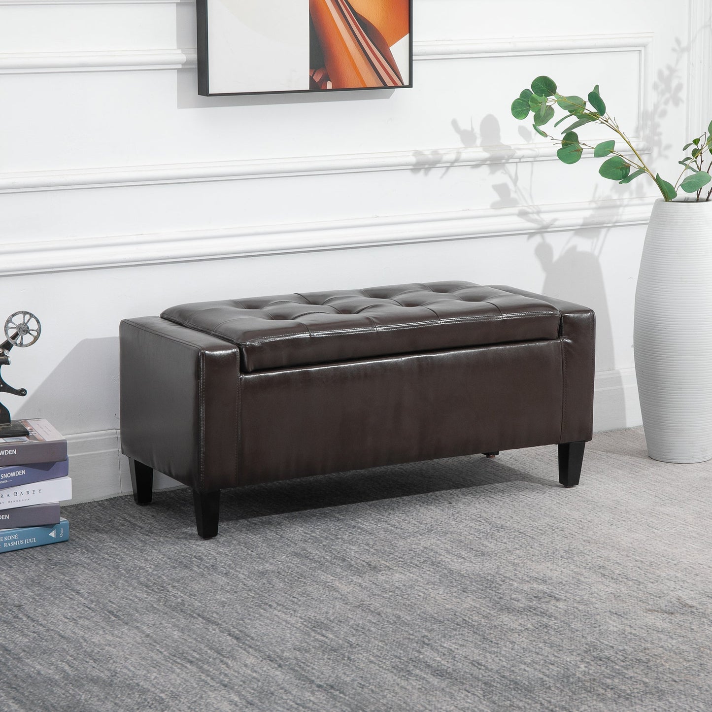 HOMCOM PU Skórzana ławka ze schowkiem, pufa, pikowana pufa w kształcie kostki z odchylanym blatem, 92L x 40W x 40H cm, brązowa