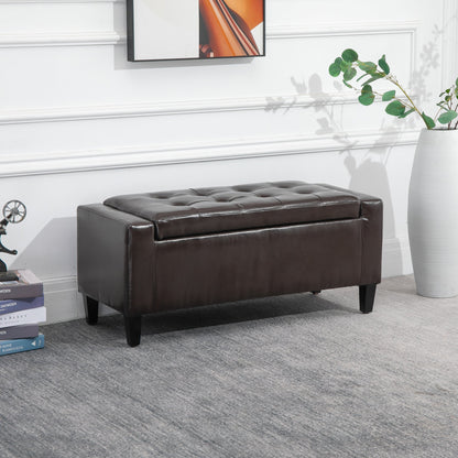 HOMCOM PU Skórzana ławka ze schowkiem, pufa, pikowana pufa w kształcie kostki z odchylanym blatem, 92L x 40W x 40H cm, brązowa
