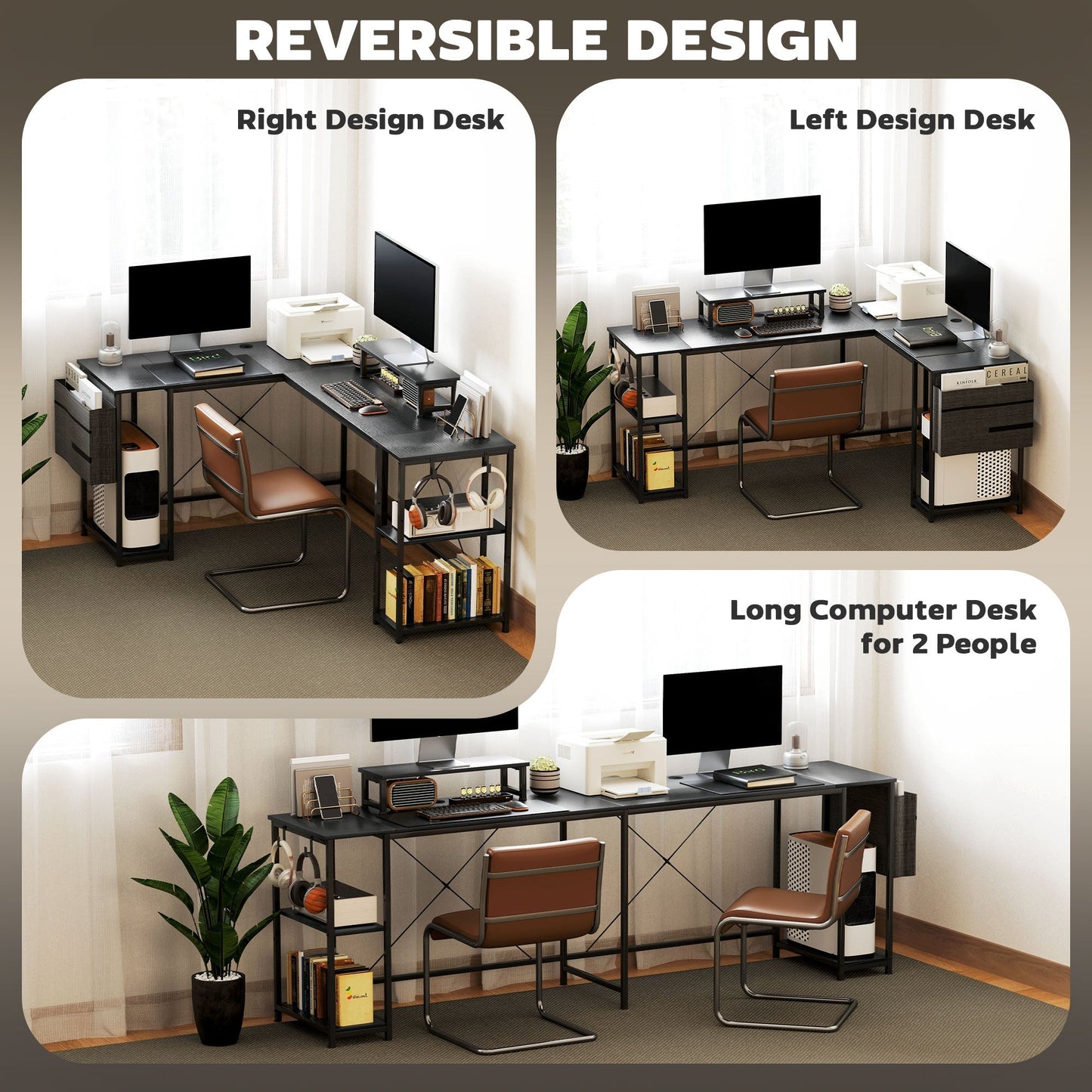 HOMCOM 168cm Reversible L Shaped Desk, Industrial Corner Computer Desk with Adjustable Shelf and Storage Bag, 240cm 2 Person PC Table with Monitor Stand, Black