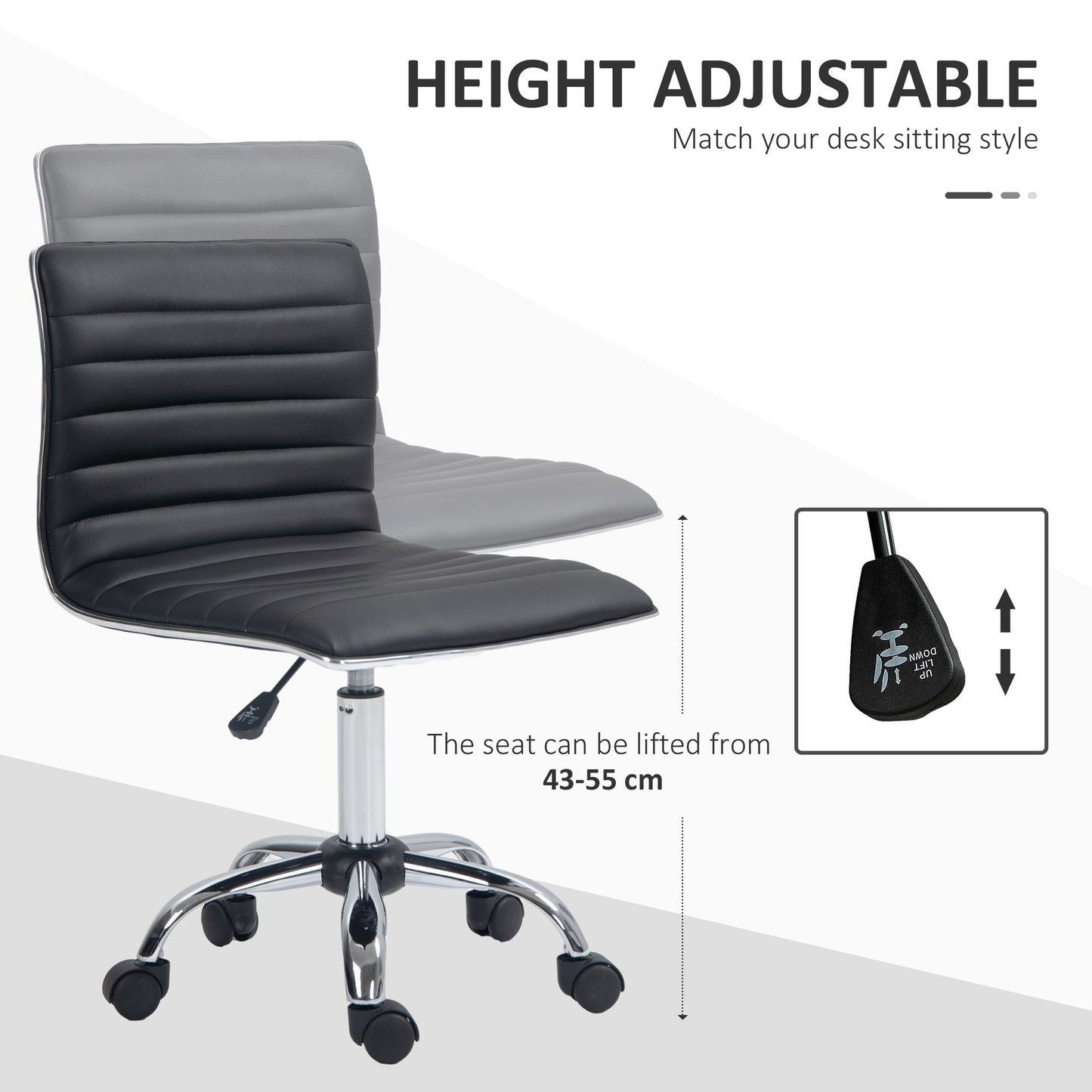 HOMCOM Armless Task Desk Chair, Swivel Office Chair with Faux Leather, Adjustable Seat Height, Chrome Base, Wheels for Home, Black