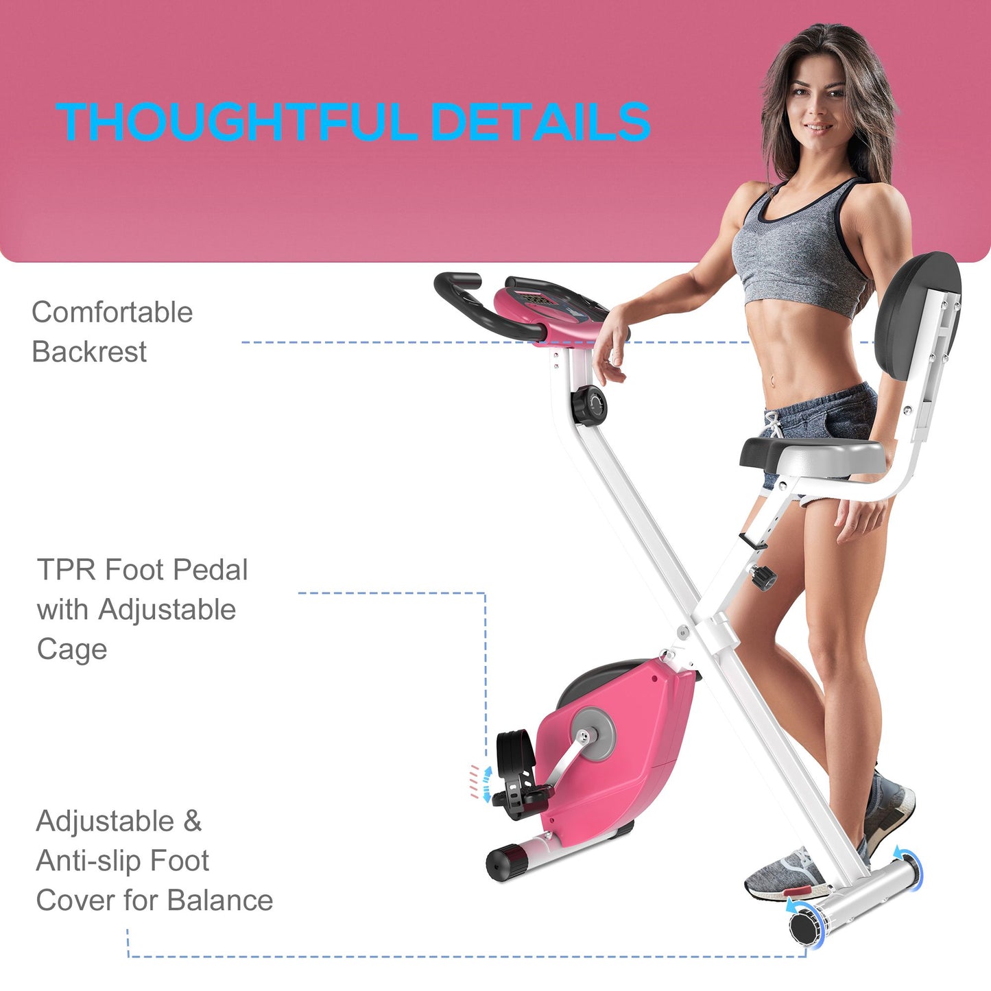 HOMCOM Folding Exercise Bike, Fitness Bicycle Indoor Trainer, 8-Level Magnetic Resistance Adjustable, with LCD Monitor, Pulse Sensor, Pink