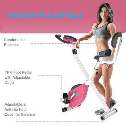 HOMCOM Folding Exercise Bike, Fitness Bicycle Indoor Trainer, 8-Level Magnetic Resistance Adjustable, with LCD Monitor, Pulse Sensor, Pink