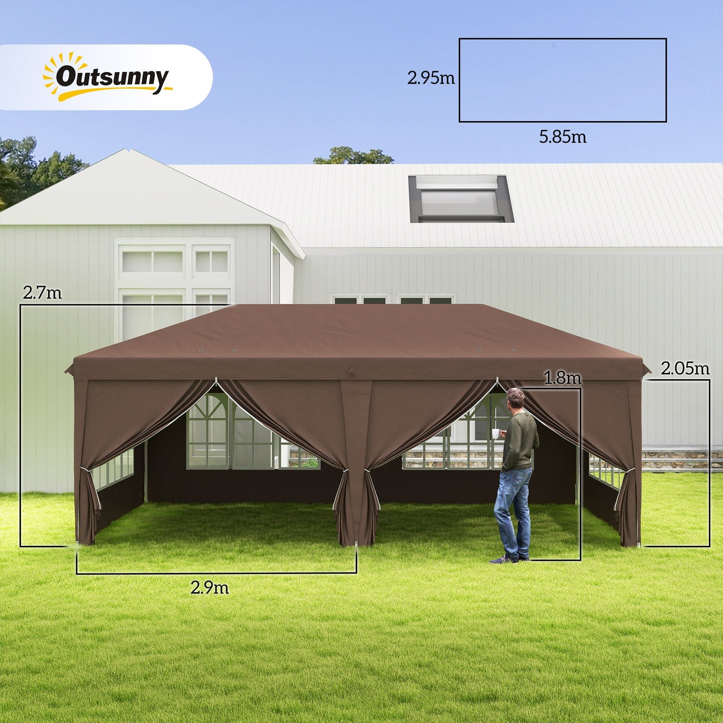 Outsunny شرفة منبثقة مقاس 3 × 6 متر مع جوانب ونوافذ، خيمة حفلات بارتفاع قابل للتعديل مع حقيبة تخزين للحديقة والتخييم والحدث، بني