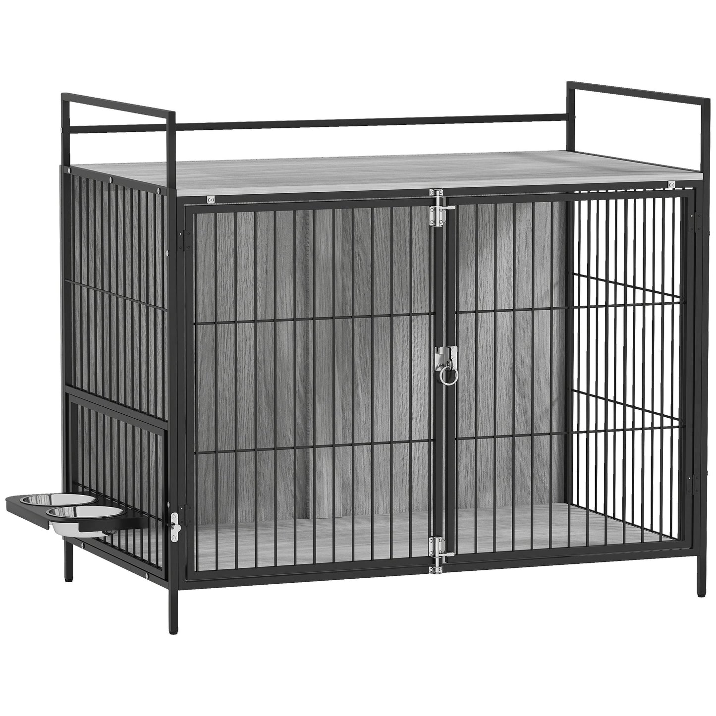 PawHut Large Dog Crate Furniture with Rotating Bowl Holder, 2 Bowls, 2 Doors, for Large Dogs, 100 x 60 x 88 cm, Grey