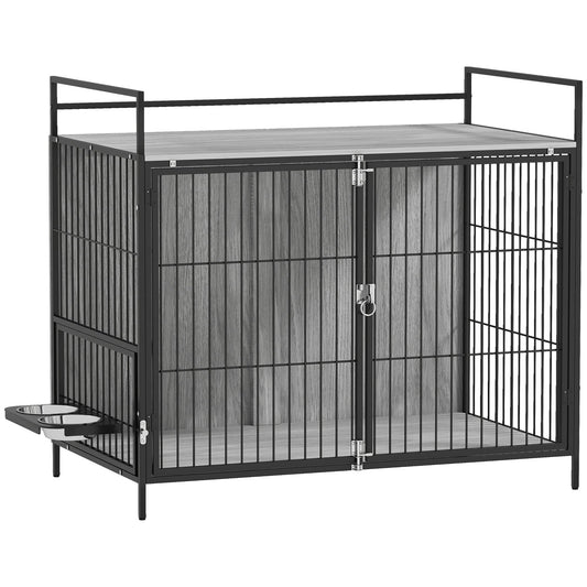 PawHut Large Dog Crate Furniture with Rotating Bowl Holder, 2 Bowls, 2 Doors, for Large Dogs, 100 x 60 x 88 cm, Grey