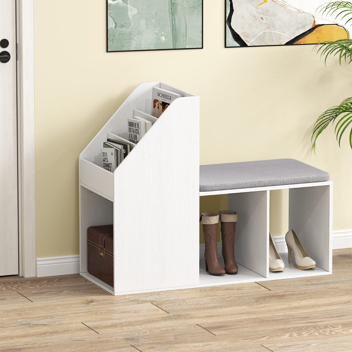 Shoe Storage Bench with 3-Tier Rack and Side Compartments-White