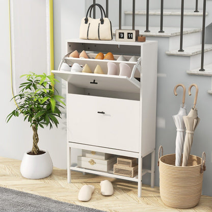 Shoe Storage Cabinet with 2 Flip Drawers and Adjustable and Removable Shelves-White