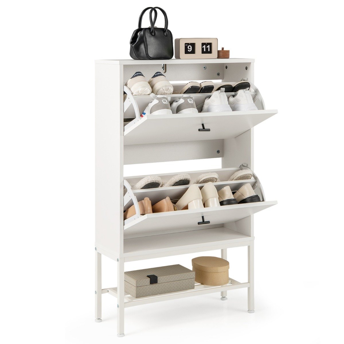 Shoe Storage Cabinet with 2 Flip Drawers and Adjustable and Removable Shelves-White