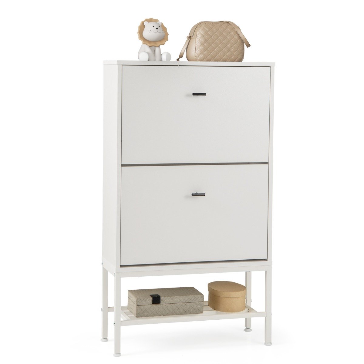 Shoe Storage Cabinet with 2 Flip Drawers and Adjustable and Removable Shelves-White