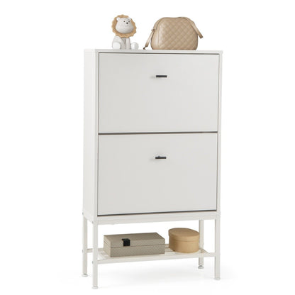 Shoe Storage Cabinet with 2 Flip Drawers and Adjustable and Removable Shelves-White