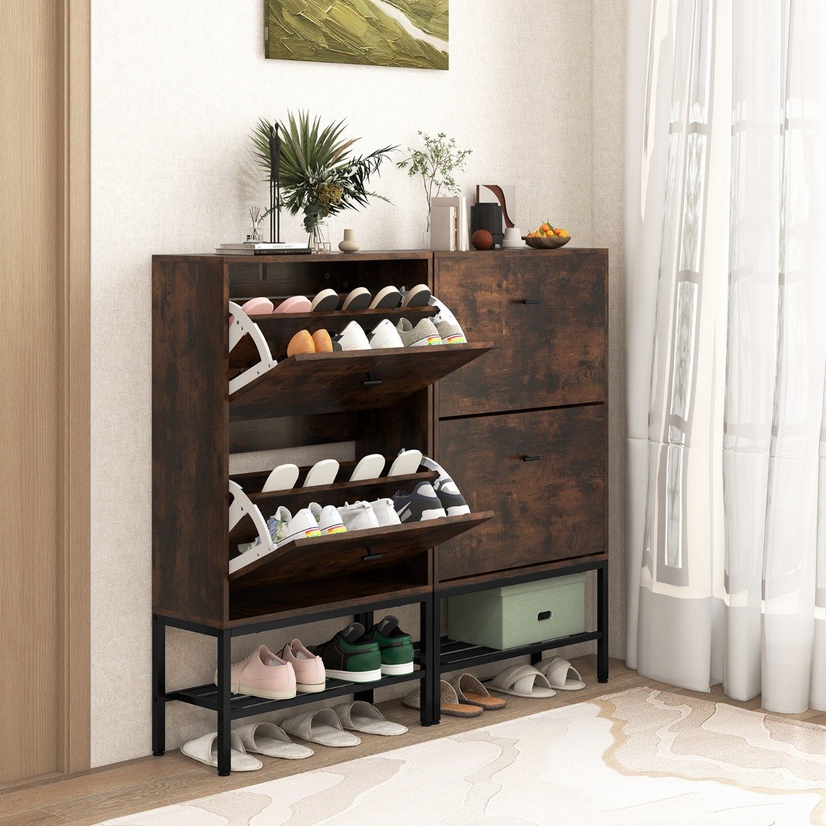 Shoe Storage Cabinet with 2 Flip Drawers and Adjustable and Removable Shelves-Rustic Brown