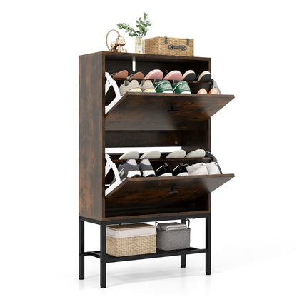 Shoe Storage Cabinet with 2 Flip Drawers and Adjustable and Removable Shelves-Rustic Brown