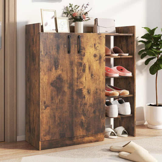 Shoe Storage Organizer with 2 Adjustable Inner Shelves and 4 Open Shelves-Rustic Brown