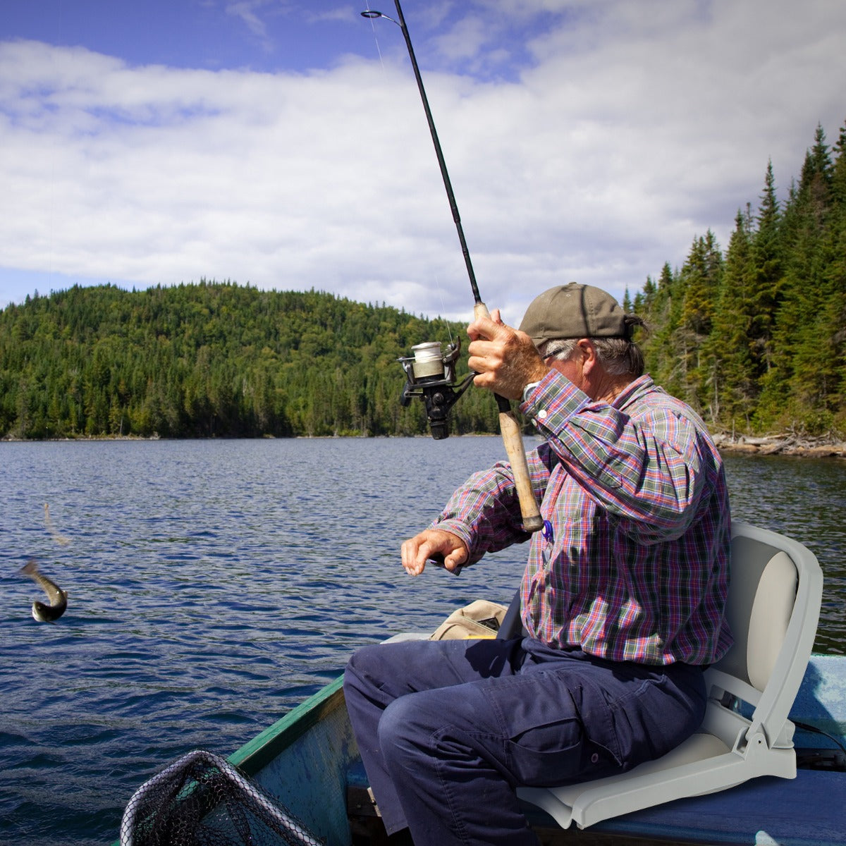 Folding Low Back Boat Seat with Mounting Hardware for Fishing-Grey