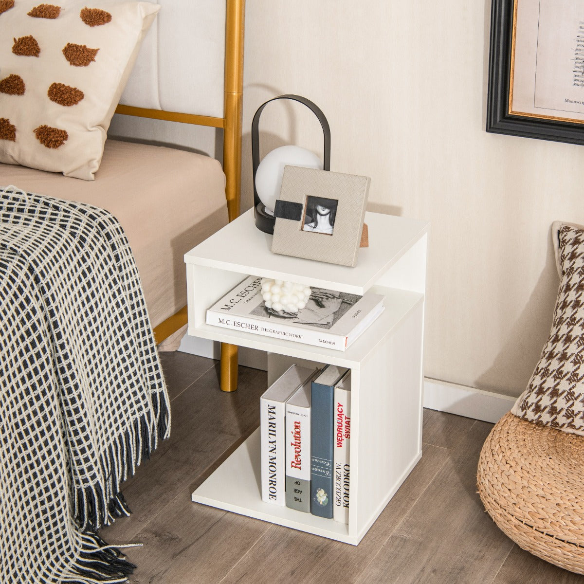 S-Shaped Side Table with Unique S-shaped Frame and 2 Open Compartments-White