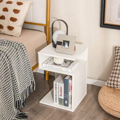 S-Shaped Side Table with Unique S-shaped Frame and 2 Open Compartments-White