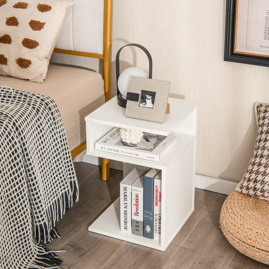 S-Shaped Side Table with Unique S-shaped Frame and 2 Open Compartments-White