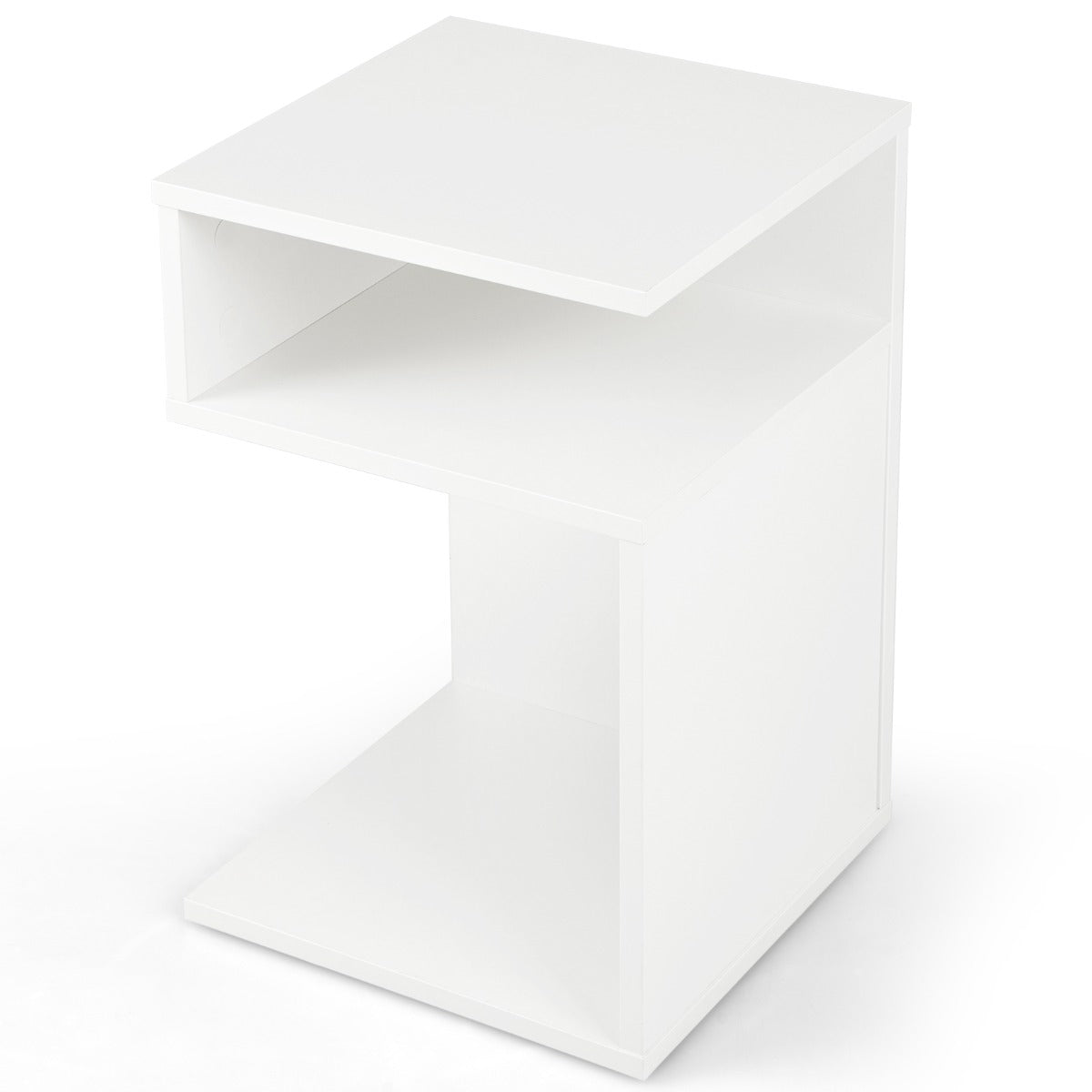 S-Shaped Side Table with Unique S-shaped Frame and 2 Open Compartments-White