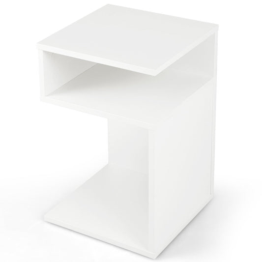 S-Shaped Side Table with Unique S-shaped Frame and 2 Open Compartments-White