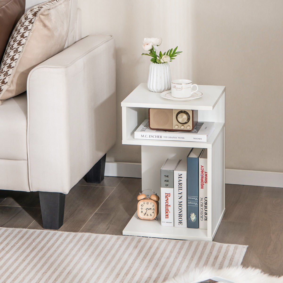 S-Shaped Side Table with Unique S-shaped Frame and 2 Open Compartments-White