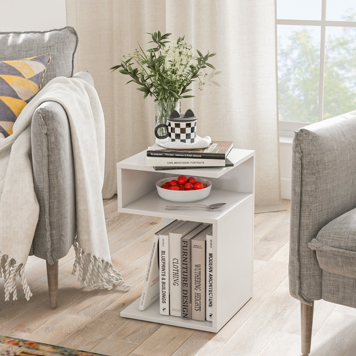 S-Shaped Side Table with Unique S-shaped Frame and 2 Open Compartments-White