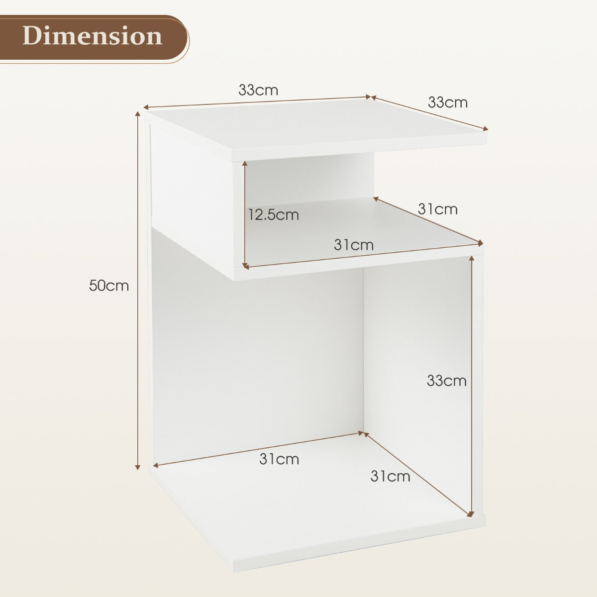 S-Shaped Side Table with Unique S-shaped Frame and 2 Open Compartments-White