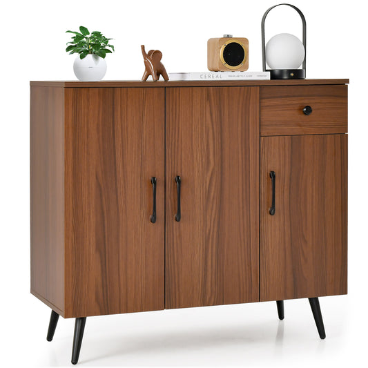 Sideboard Buffet Cabinet with 3 Doors and Pullout Drawer Adjustable Shelves-Walnut