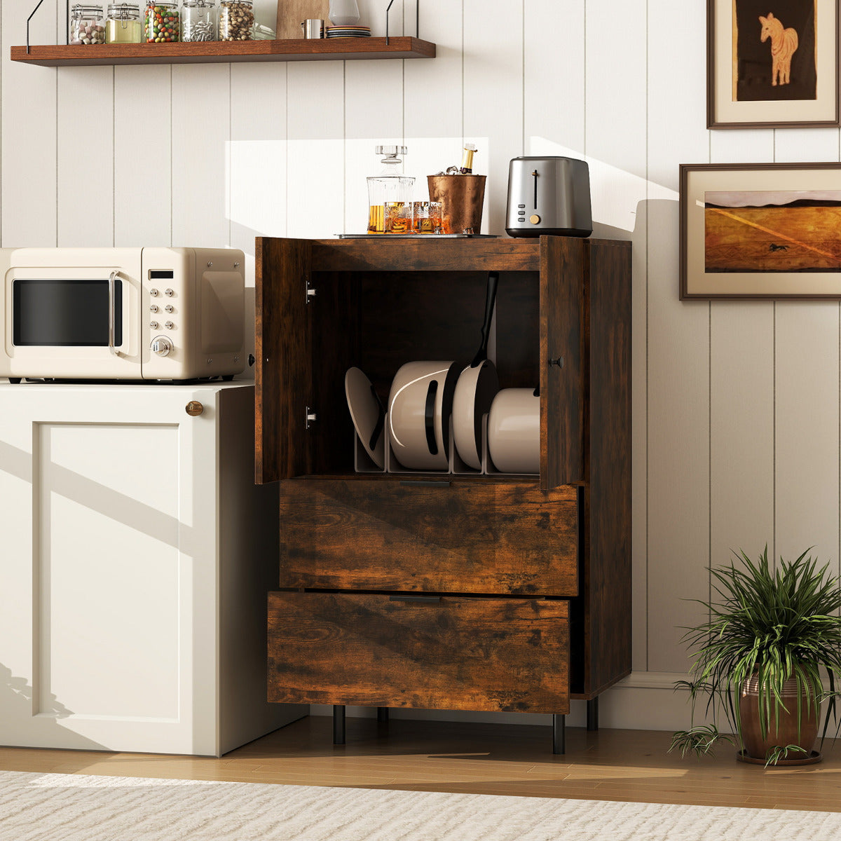 Sideboard Buffet Cabinet 2-Door Serving Cupboard Buffet Table Display Cabinet-Rustic Brown