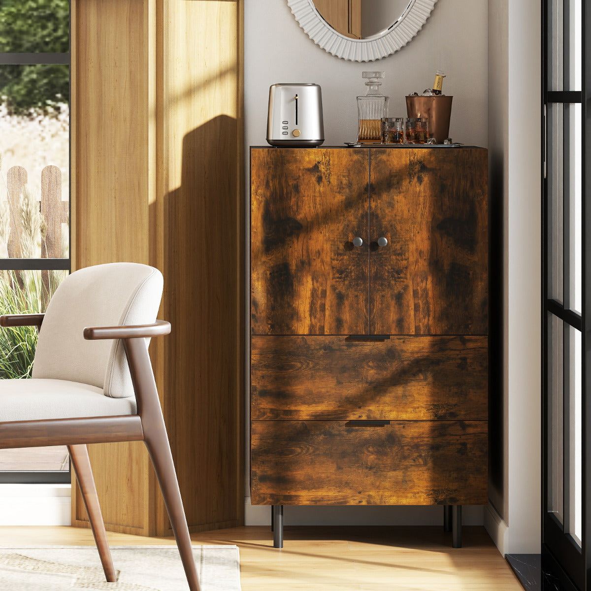 Sideboard Buffet Cabinet 2-Door Serving Cupboard Buffet Table Display Cabinet-Rustic Brown