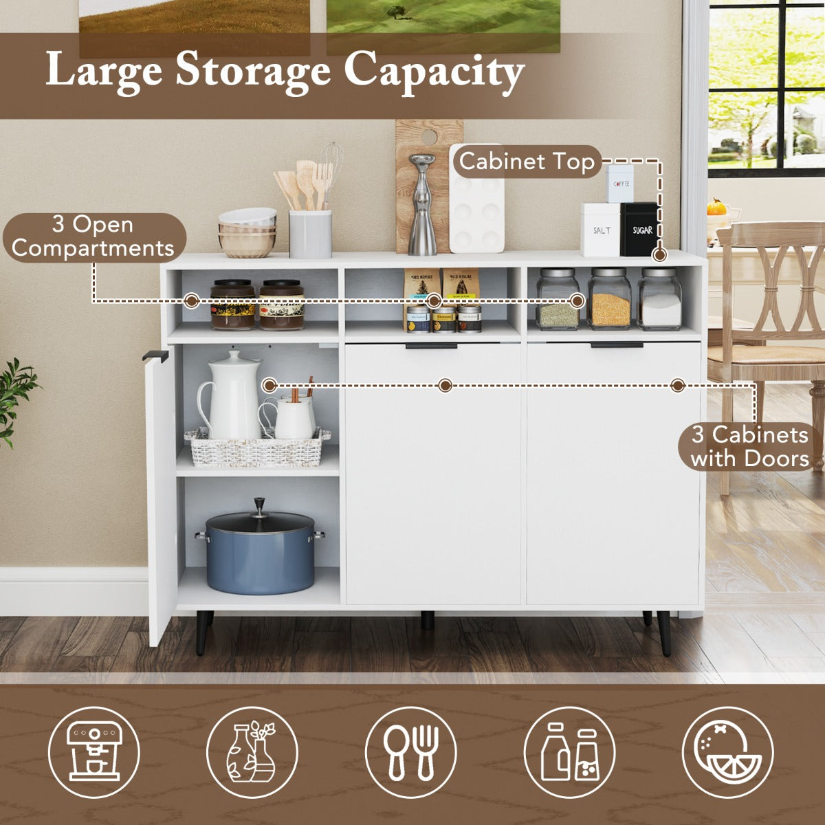 Sideboard Buffet Cabinet with 5-Position Adjustable Shelves-White