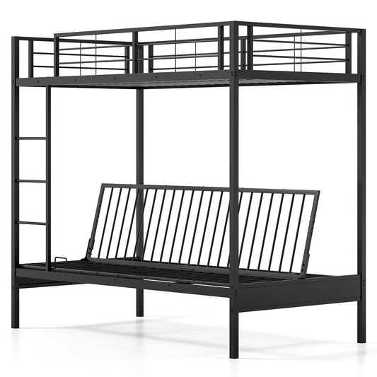 Single Over Futon Bunk Bed with Ladder and Safety Guardrails-Black-Single Size