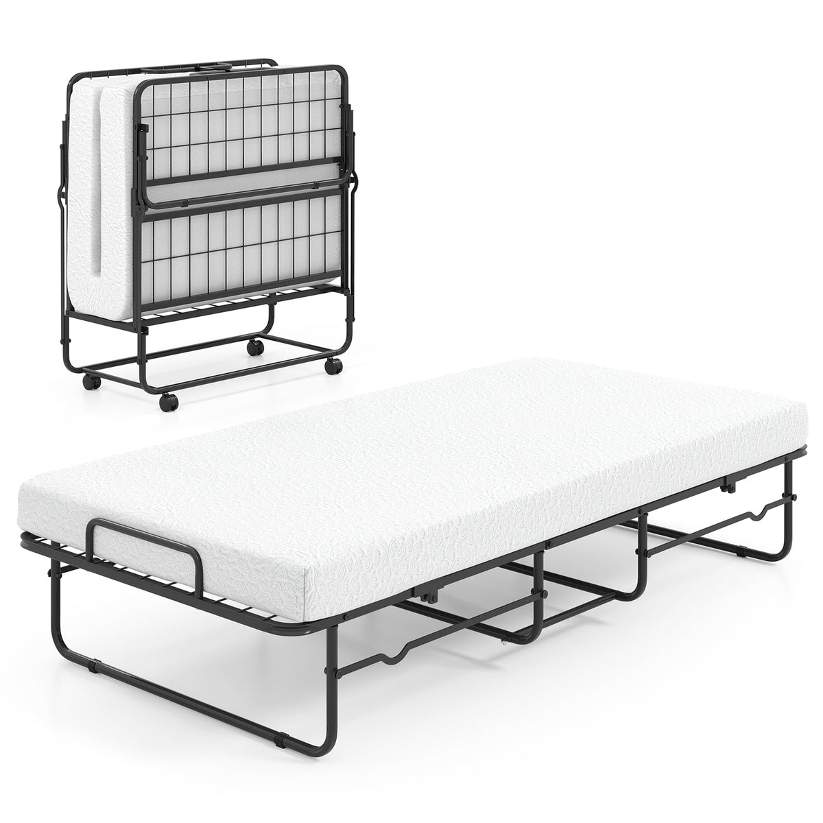 Single Size Folding Bed with Mattress and Lockable Wheels