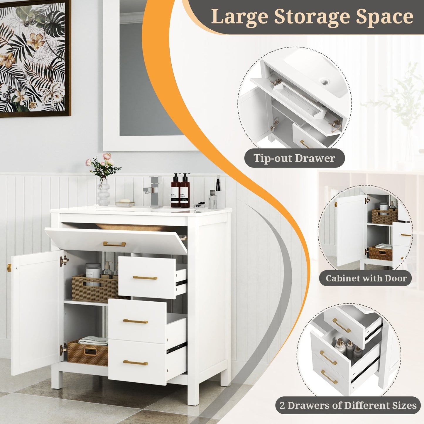 76CM 2-Tier Bathroom Vanity with Sink and Adjustable Shelve-White