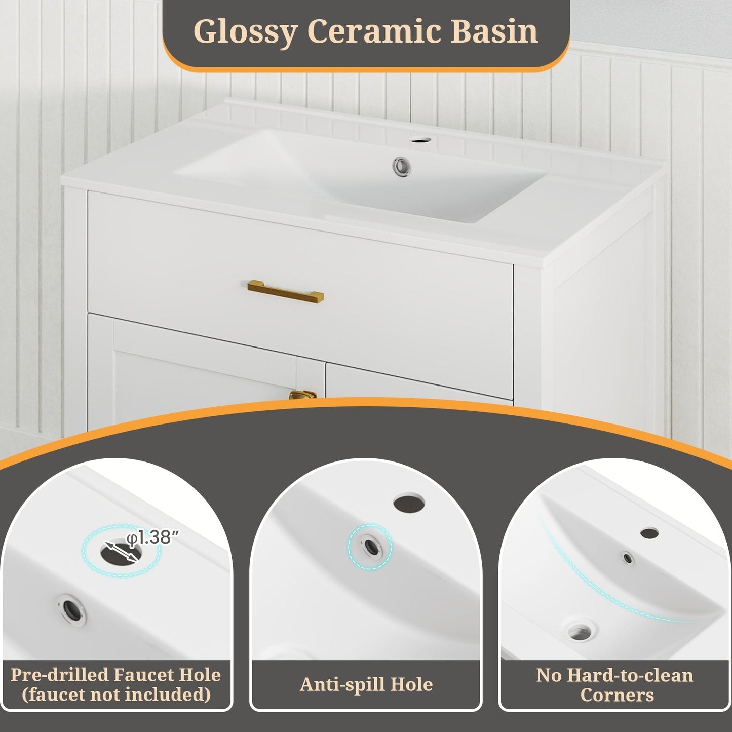 76CM 2-Tier Bathroom Vanity with Sink and Adjustable Shelve-White