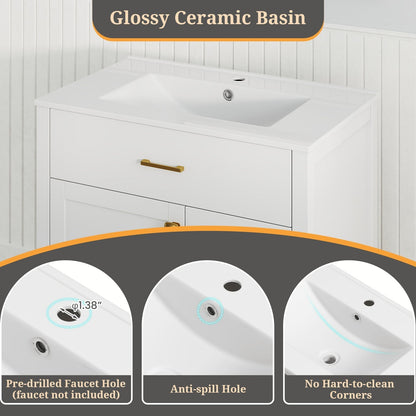 76CM 2-Tier Bathroom Vanity with Sink and Adjustable Shelve-White