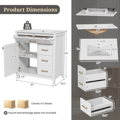 76CM 2-Tier Bathroom Vanity with Sink and Adjustable Shelve-White