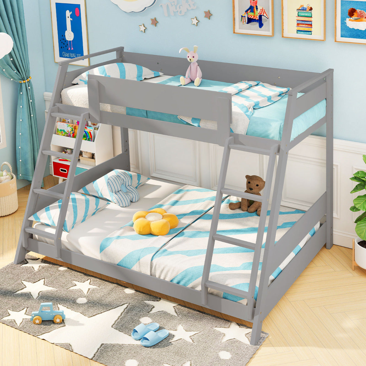 Single Over Double Bunk Bed with Ladders and Safety Guardrails-Grey