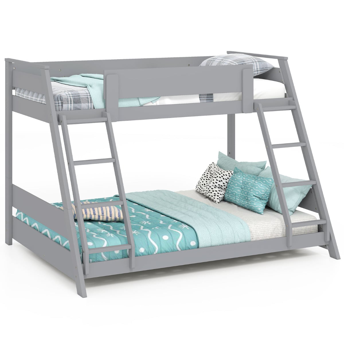 Single Over Double Bunk Bed with Ladders and Safety Guardrails-Grey