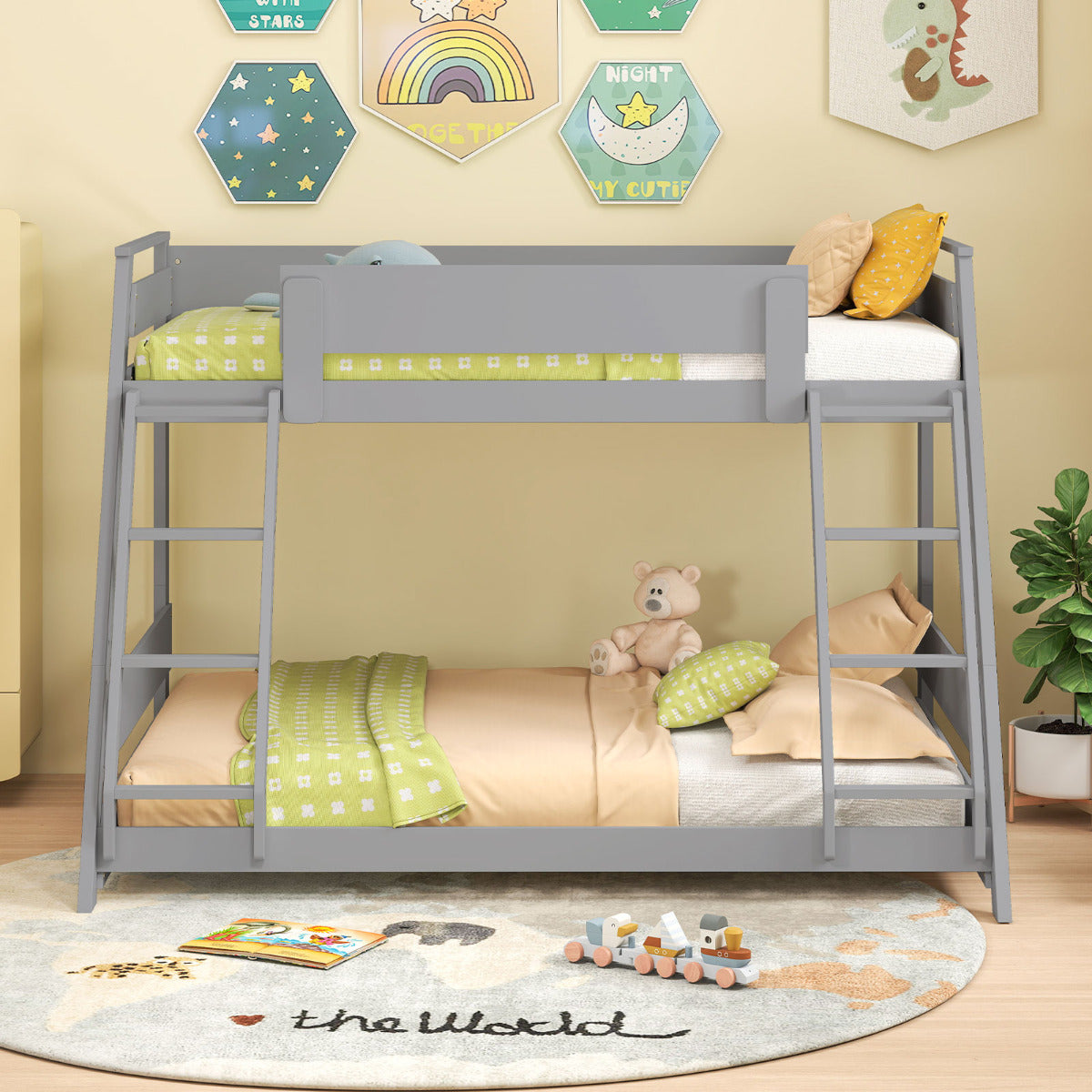 Single Over Double Bunk Bed with Ladders and Safety Guardrails-Grey