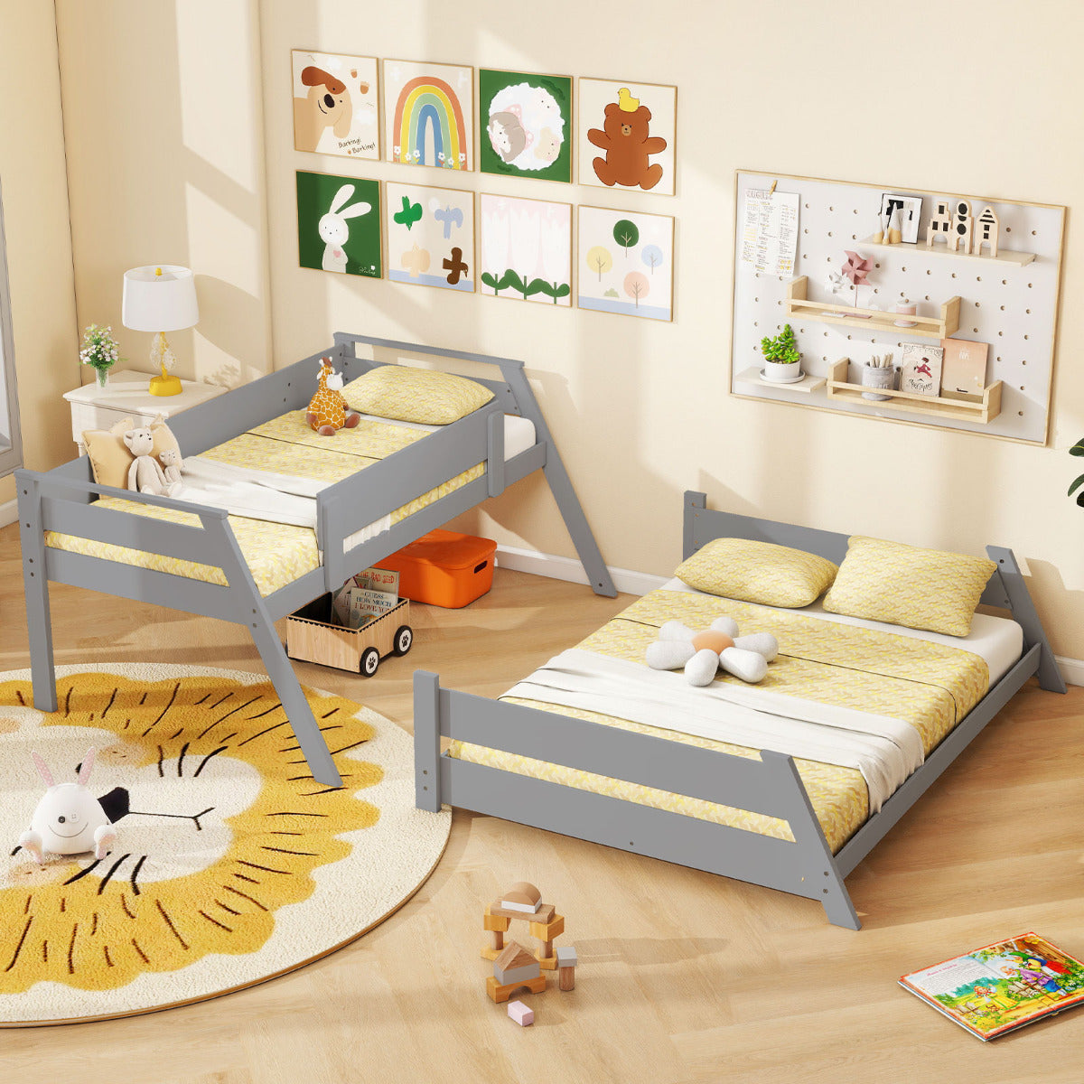Single Over Double Bunk Bed with Ladders and Safety Guardrails-Grey