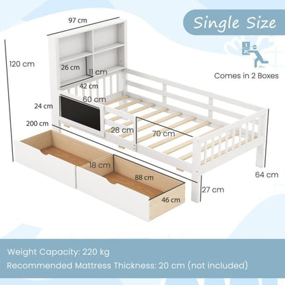 Single/Double Size Bed Frame with 2 Storage Drawers White-Single Size