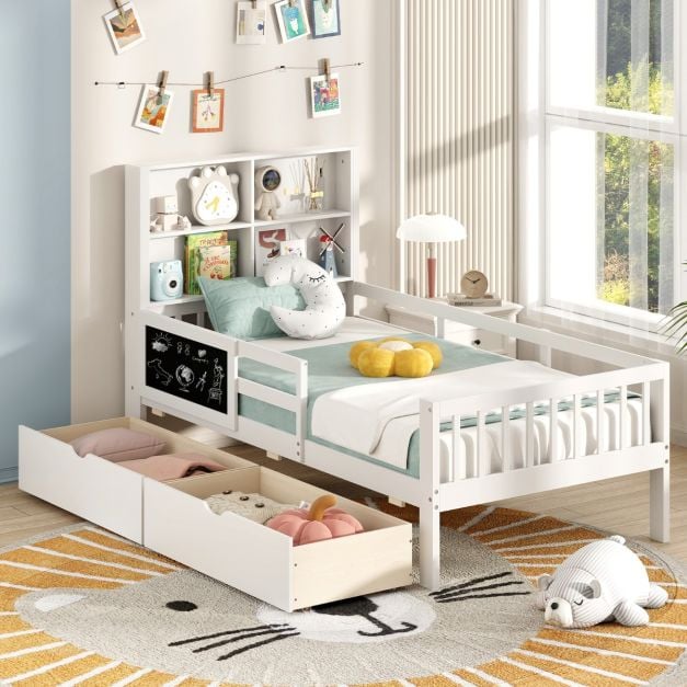 Single/Double Size Bed Frame with 2 Storage Drawers White-Single Size