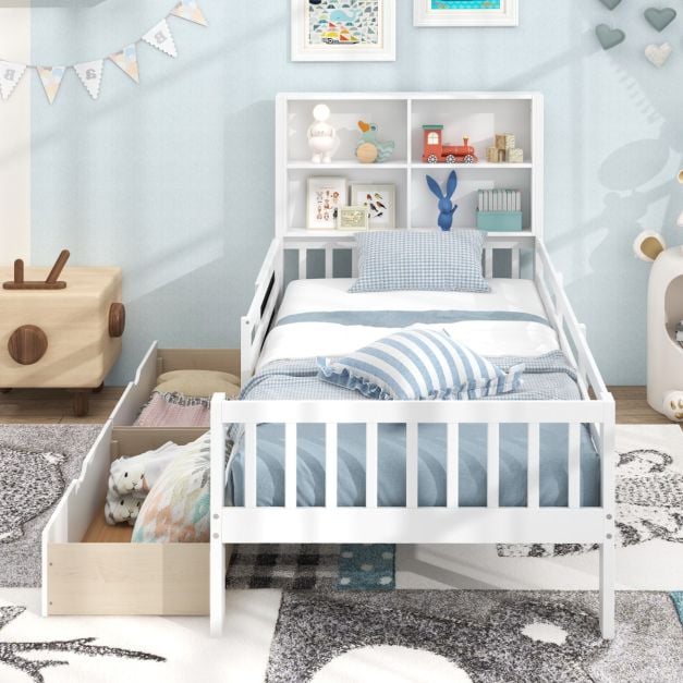 Single/Double Size Bed Frame with 2 Storage Drawers White-Single Size