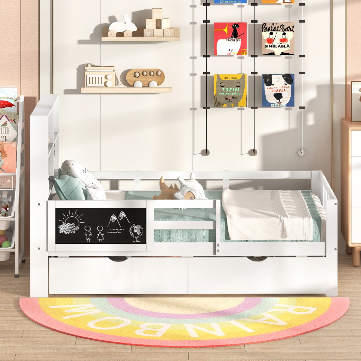 Single/Double Size Bed Frame with 2 Storage Drawers White-Single Size