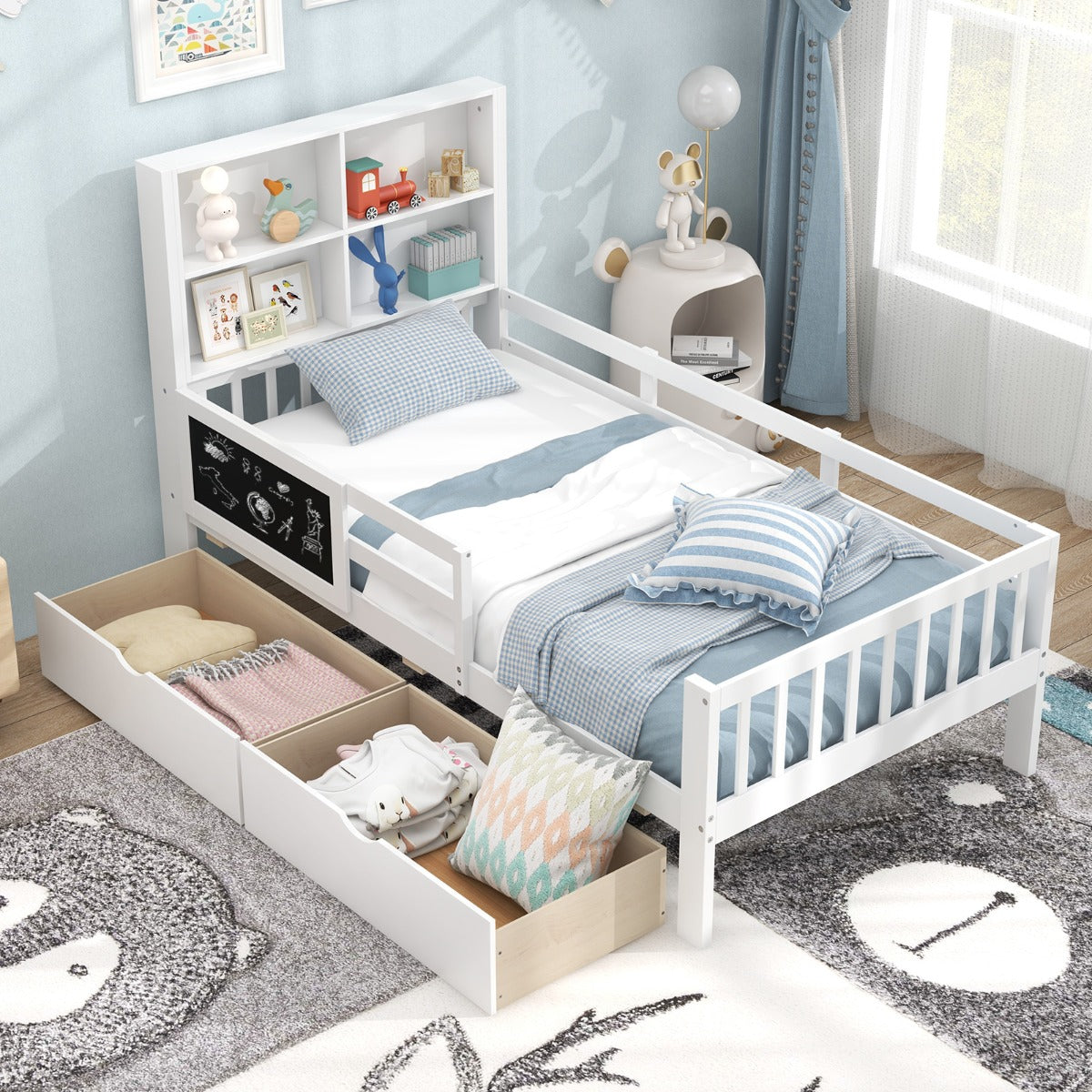 Single/Double Size Bed Frame with 2 Storage Drawers White-Single Size