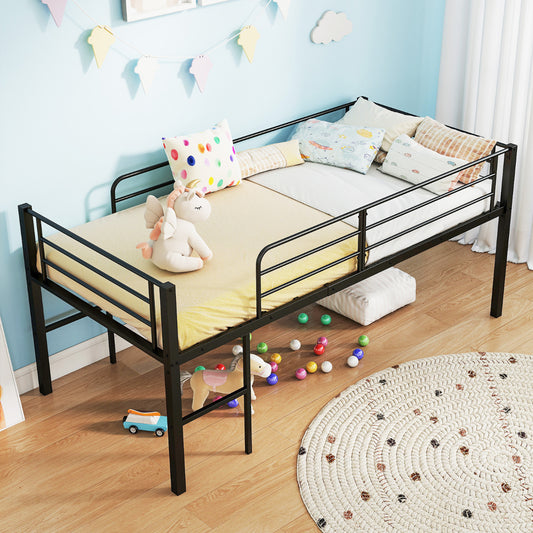 Single Size Low Loft Bed Metal Bed Frame with Safety Guardrails and 2 Ladders-Black